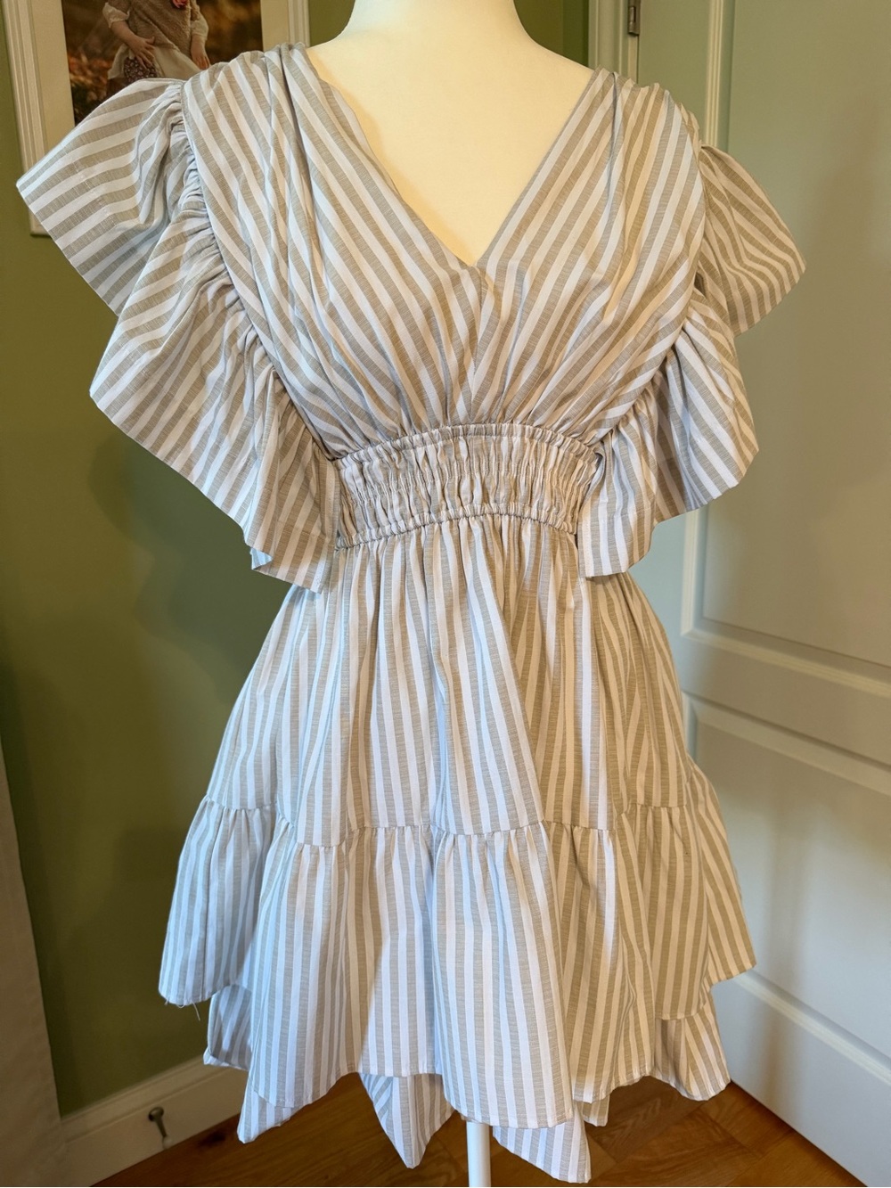 entro Beige & White Striped Ruffle Tiered Dress
